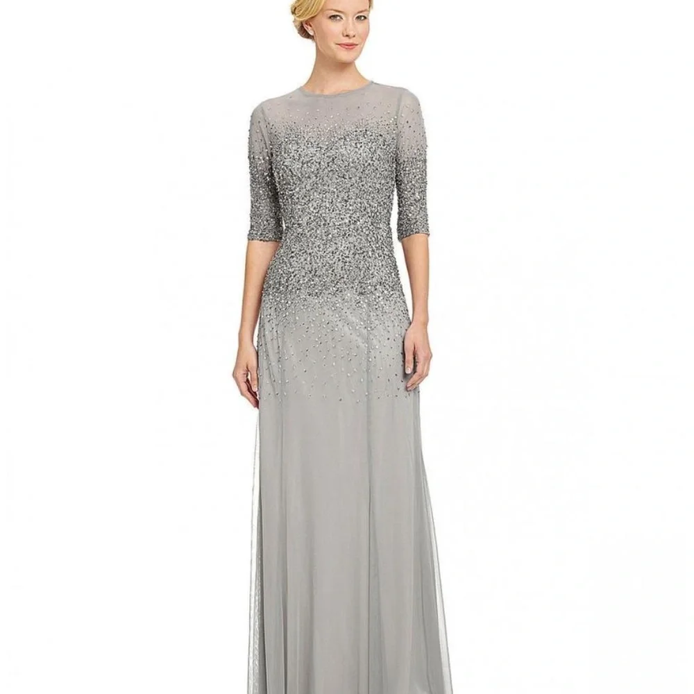 NEW Adrianna Papell Beaded Illusion Bodice Mesh Gown in Grey [Petite SZ 4P‎ ]